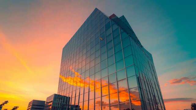 Modern glass office building reflecting vibrant colorful sunset sky with clouds in urban cityscape