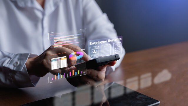 employees increase.Professional reviewing employee benefits analytics on a mobile HR dashboard, showcasing compensation management, workforce welfare, payroll insights and business performance.