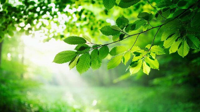 Bright green leaves with sunlight in a lush forest nature background