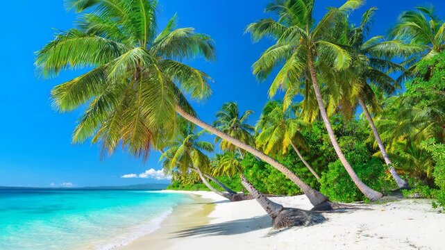 Tropical beach with clear turquoise water white sand and palm trees under bright blue sky