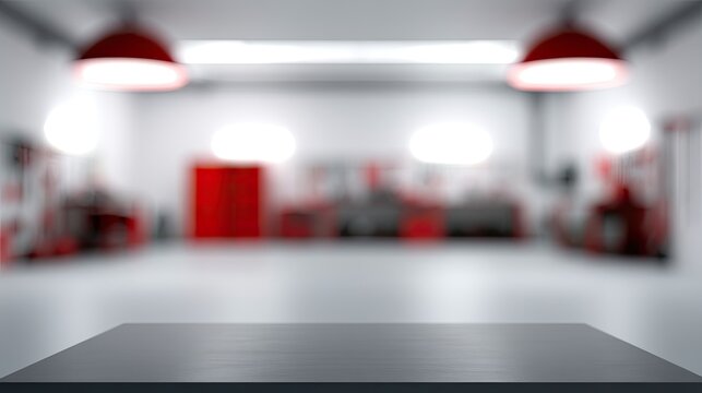 Out-of-focus industrial workshop with red accents and foreground table