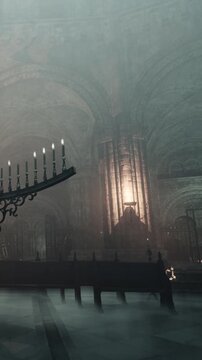 Inside a large cathedral, a lit candelabrum stands in the foreground. The light shines on stone walls and a quiet altar. Shadows fill the space creating a mysterious atmosphere.