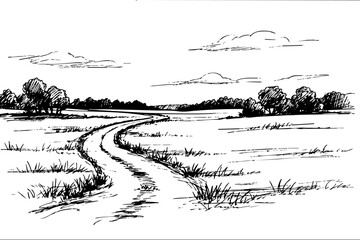 Obraz premium Winding path in rural landscape sketch black