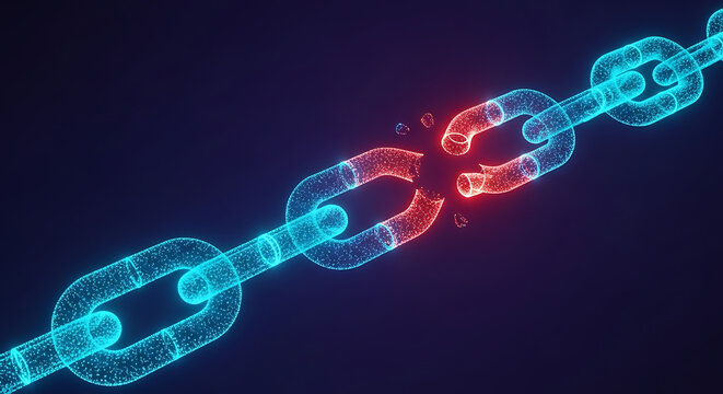 Broken digital chain link representing cybersecurity failure or weakness with security cybersecurity weakness technology abstract connection internet vulnerability protection
