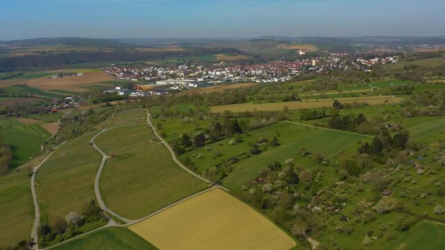 Panoramic aerial view of the city Vaihingen an der Enz  in Germany, on a sunny spring day