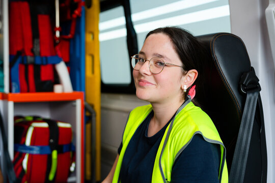 Female paramedic in ambulance