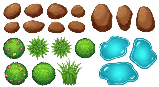Top down view collection of rocks green bushes and water ponds for map design elements