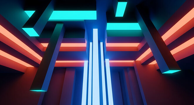 Futuristic neon lit interior corridor with vertical glowing beams and rectangular ceiling panels sci fi futuristic lighting abstract corridor interior structure technology geometric