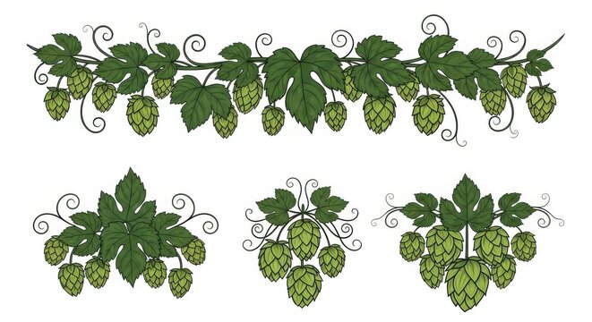 Decorative green hop plant borders and floral branch elements for beer label design
