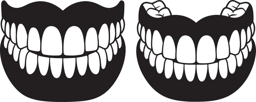 Human teeth dentures set upper and lower jaw dental mouth anatomy symbol for dentistry care healthcare medical hygiene.