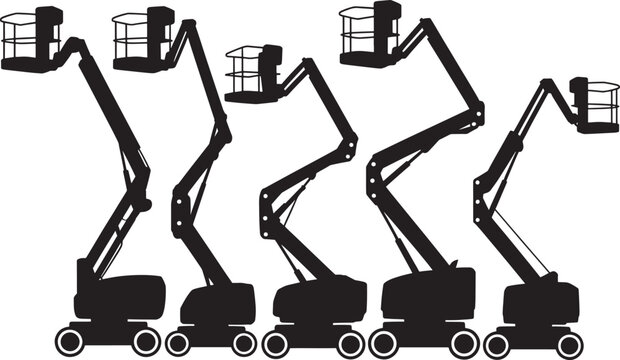 Industrial cherry picker lifting platform silhouette set showing various positions for high access.