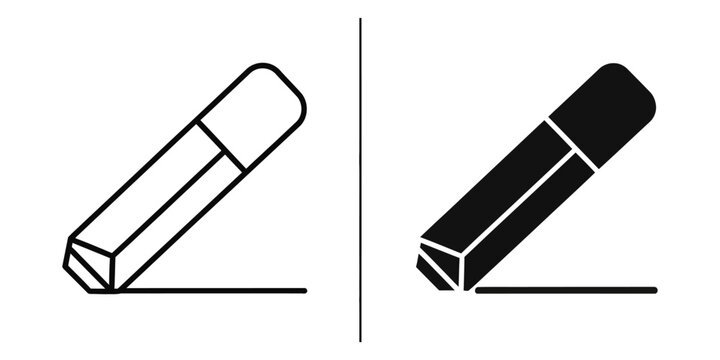 Eraser correcting line on white background in outline and solid fill style
