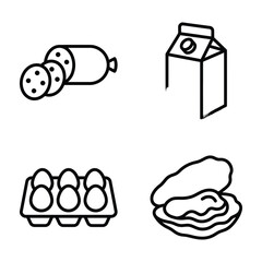 Fototapeta premium Set of food icons featuring sliced sausage milk carton egg carton and oyster illustration breakfast culinary