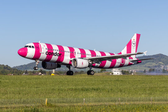 Condor Airbus A320 airplane at Zurich airport in Switzerland Breast Cancer Awareness special livery