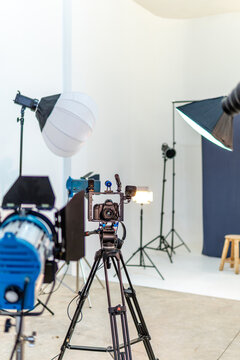 Camera equipment and lighting creating a professional studio set