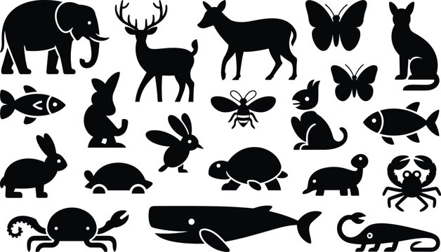 Collection of black animal silhouettes on a white background illustration