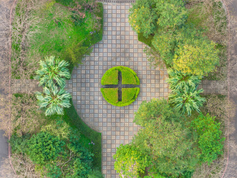 Aerial View Formal Garden Circular Topiary Cross Park
