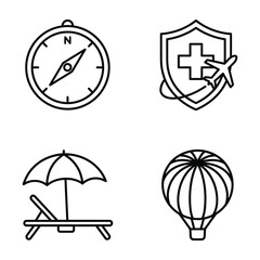 Fototapeta premium Travel safety and leisure line icons including compass medical insurance and balloon hot air balloon insurance
