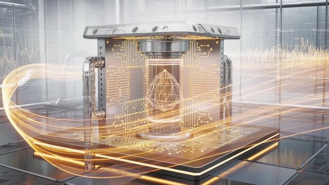 Futuristic quantum computer chip with glowing circuits and energy flow in high tech laboratory