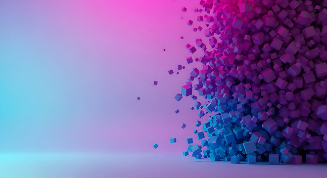 Abstract background of purple and blue 3D cubes dissolving into particles with soft gradient lighting particles dissolve abstract gradient background geometric creative composition backdrop