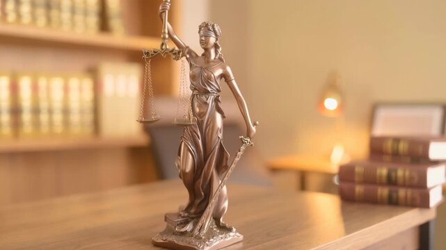 Bronze Lady Justice statue with scales and sword on wooden desk in law office background