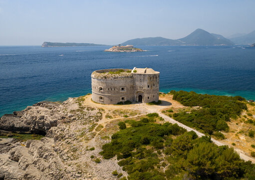 Fort Arza and Mamula island in Montenegro, summer sunny day, drone