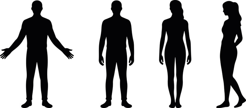 male and female body silhouette figures isolated vector set, human anatomy standing people icon collection design, realistic body shape silhouettes for infographic use