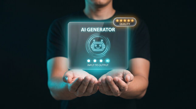 Man Presents Holographic Generator Panel with Robot Icon, Star Rating, and Input Controls to Demonstrate Automated Content Creation, Focusing on Quality Assessment and User Feedback Evaluation