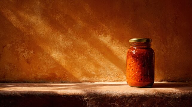 Glass jar of spicy tomato salsa standing on rustic textured surface. Homemade vegetable sauce or relish in preserve container. Mediterranean culinary concept with warm golden lighting.