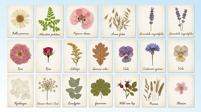 Collection of pressed dried flowers and leaves on vintage paper cards