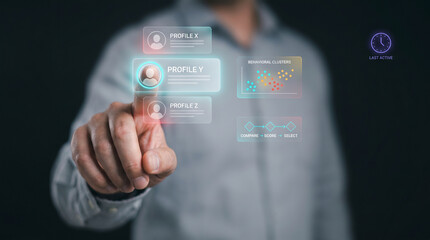 Obraz premium Businessman Selects Customer Profile from Holographic Panel Displaying Behavioral Clusters and Activity Timestamps to Analyze Patterns, Compare Segments, and Track Engagement
