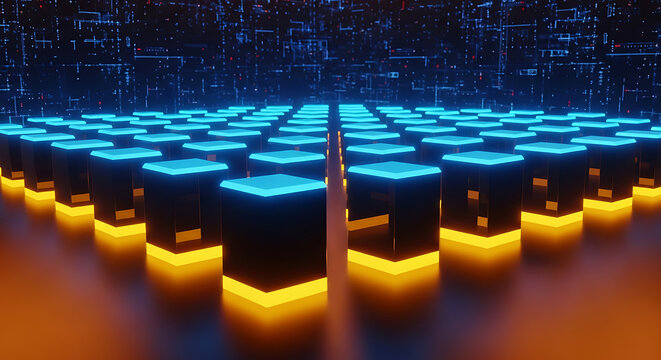 Futuristic data center server grid with glowing illumination technology computing futuristic infrastructure information connection electronic processing abstract communication capacity
