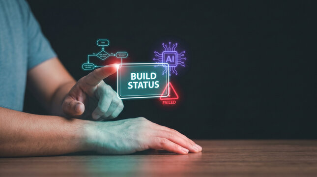 Developer Inspects Build Status Panel with Workflow Diagram and Alert Warning on Holographic Display to Debug Pipelines, Resolve Failures, and Automate Deployments
