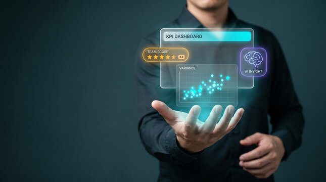 Professional Holds Holographic Dashboard Panel with Star Ratings and Variance Scatter Plot to Evaluate Consistency, Rank Teams, and Identify Outliers, Focusing on Quality Scoring