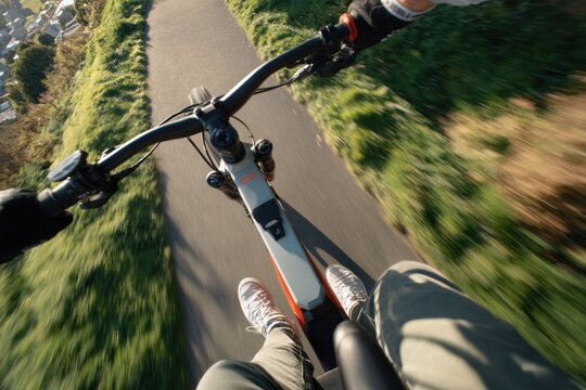 Man riding electric mountain bike on paved path. Point of view shot from handlebar showing cyclist motion blur. Outdoor adventure activity, healthy lifestyle and sustainable transport.