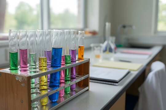 Colorful liquids in test tubes arranged in wooden rack in laboratory science equipment for experiments and research.