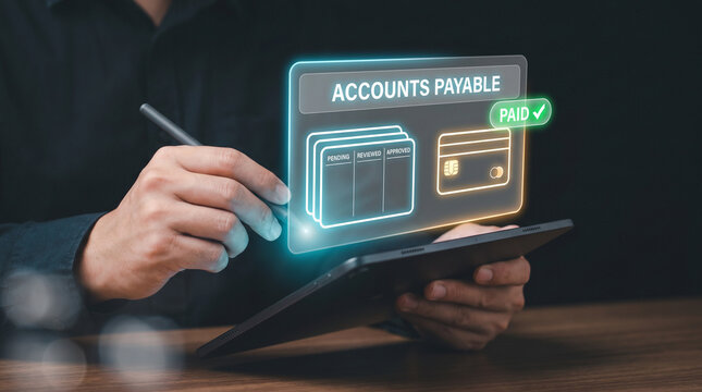 Accounts Payable Holographic Panel Confirms Paid Status on a Tablet to Process Documents, Review Pending Invoices, Authorize Payments, and Validate Credit Card Transactions