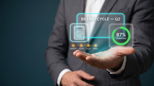 Billing Cycle Dashboard Hovers Over a Businessman's Palm to Show Collection Percentage, Track Draft and Payment Stages, Calculate Totals, and Display Progress