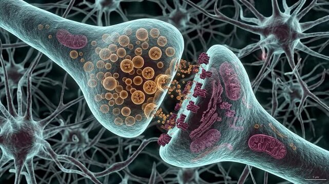 Synapse, microscopic biological structure facilitates neural signal transmission, visualizing chemical messaging exchange, neurotransmitter release, receptor binding.