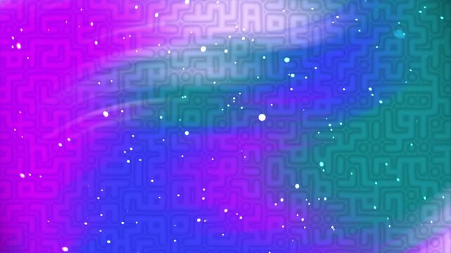 Vibrant purple and blue cosmic background with abstract geometric maze pattern and glowing particles.