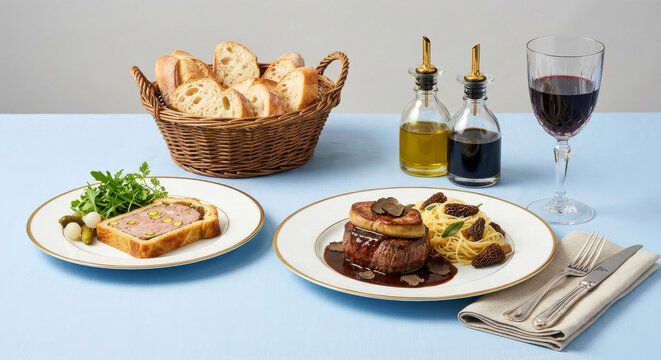 Dishes from haute French cuisine featuring beef fillet with truffle sauce, foie gras, p&acirc;t&eacute; de campagne en cro&ucirc;te with pistachios, and red wine, served at an elegant table setting