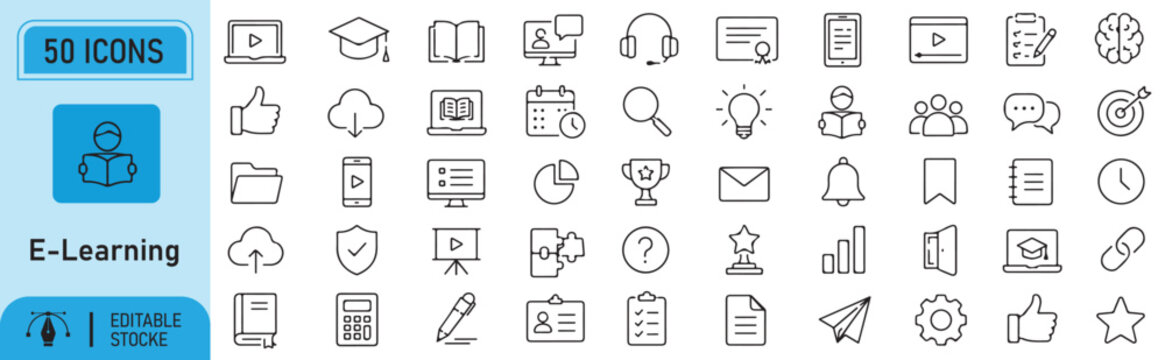 50 E-Learning Vector Outline Icons Set &ndash; Editable Black Line Symbols Collection, Modern UI UX Icon Bundle, Isolated on White Background.