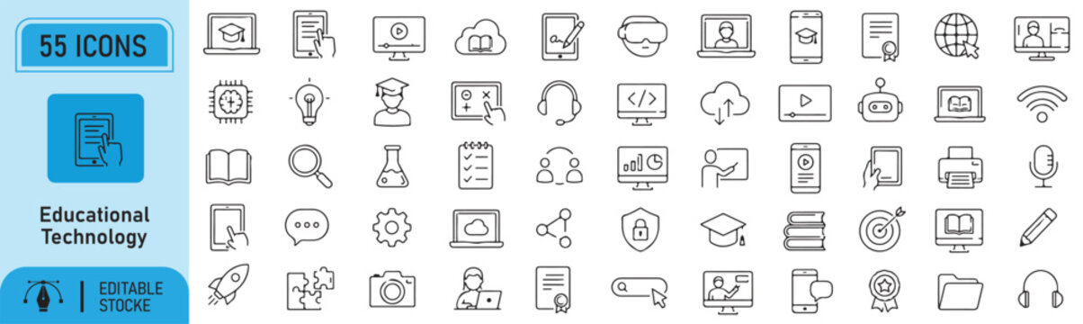 Set of 55 Educational Technology Editable Line Icons