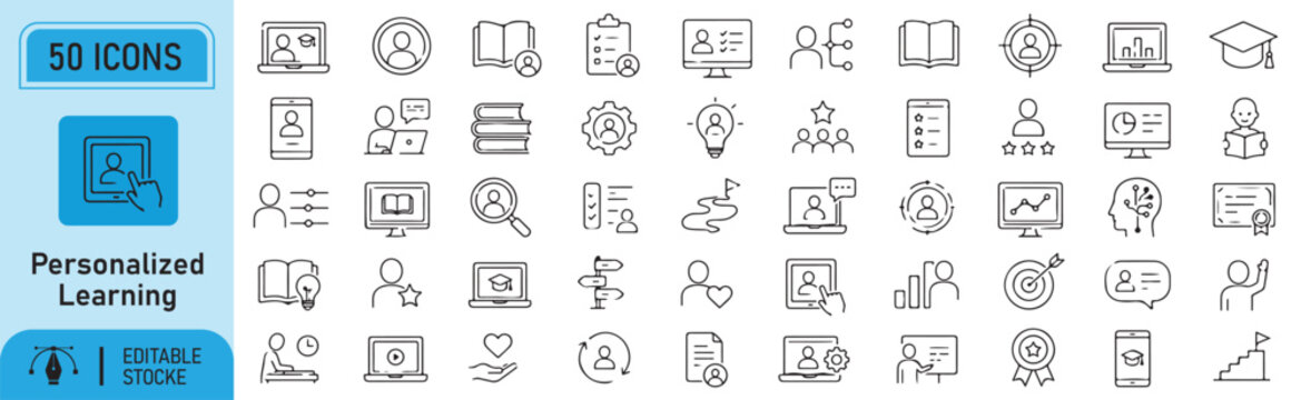 50 Personalized Learning Vector Outline Icons Set &ndash; Editable Black Line Symbols Collection, Modern UI UX Icon Bundle, Isolated on White Background.