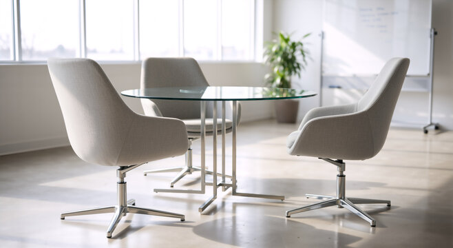 Modern office meeting area with glass table and grey chairs. Small conference space for teamwork and collaboration. Professional workspace interior with whiteboard