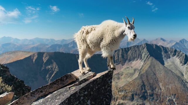 Mountain goat standing on rocky cliff with panoramic mountain range background under clear blue sky