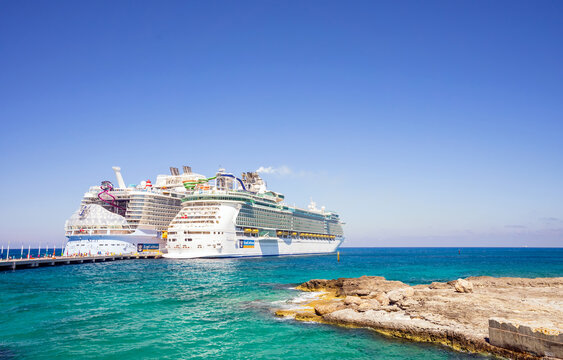 CocoCay, Bahamas - February 22, 2026: Royal Caribbean cruise ships Utopa of the Seas and Liberty of the Seas  docked at the private port of CocoCay in the Caribbean Island of Bahamas 