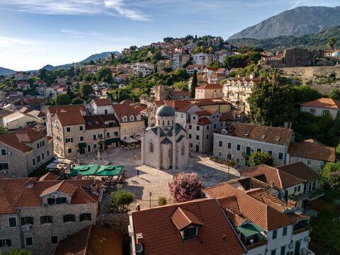European old town, drone panorama. Tile roofs and building in the hill