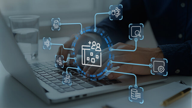 Data-driven decision making and business analytics. Data intelligence and insights. Businessman viewing graphs and charts on laptop computer.