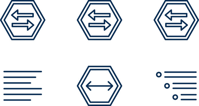 Data Transfer and Text Alignment Icon Set with Double Hexagon Arrows and Nested List Symbols